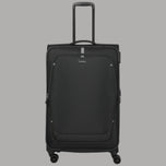 Trolley da viaggio nero con pannello frontale, maniglia telescopica e ruote doppie