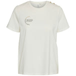 T-shirt bianca con scollo rotondo e maniche corte, grafica sul petto