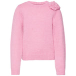 Pullover bambina rosa con collo rotondo e bordo a costine, fiore a lato