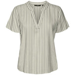 Blusa beige a righe verticali con scollo a V e maniche corte