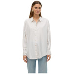 Camicia over a righe bianca con bottoni davanti, colletto e maniche lunghe.
