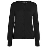Cardigan nero con bottoni frontali e maniche lunghe, scollo rotondo.