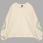 Felpa oversize crema con collo rotondo e polsini elasticizzati, dettagli verdi sulle maniche