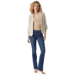 Giacca blazer in lino beige chiaro con revers a punta e maniche a 3/4