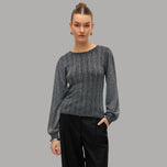 Maglia girocollo a coste grigio scuro con glitter, maniche lunghe a sbuffo
