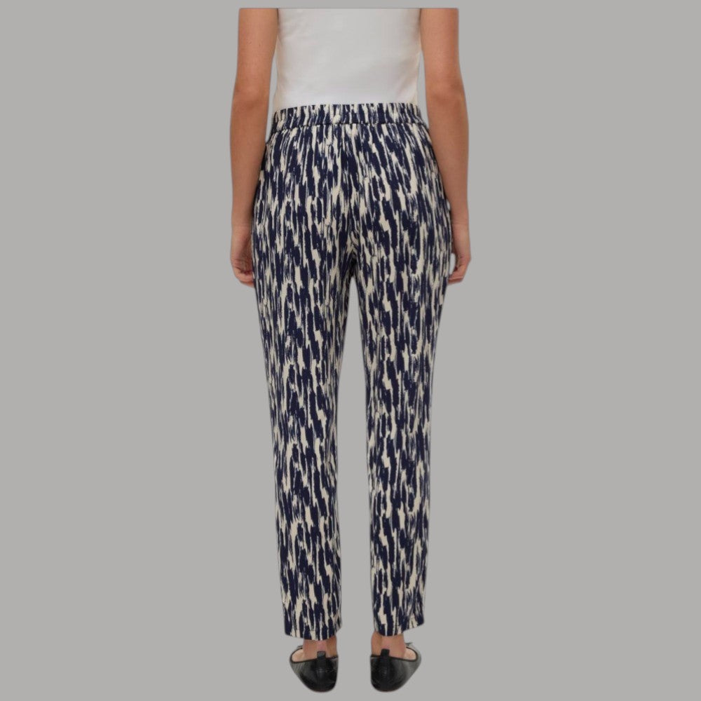 Pantaloni in viscosa con stampa blu e crema, vita elasticizzata, gamba dritta