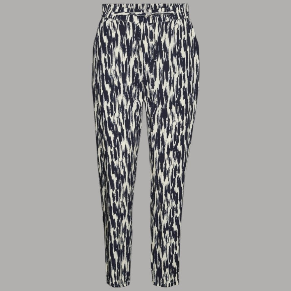Pantaloni in viscosa con stampa a pennellate blu e crema, vita elasticizzata