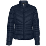 Piumino blu scuro con zip frontale e collo alto, trapuntatura orizzontale.