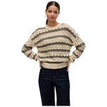 Pullover a maglia beige con righe nere, scollo rotondo e maniche lunghe.