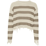 Maglione corto a righe orizzontali beige e marrone, scollo rotondo