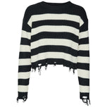 Pullover corto a righe nere e panna con orlo sfrangiato e maniche a coste