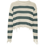 Maglioncino cropped Vero Moda a righe verde scuro e panna, orlo sfrangiato