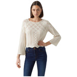 Pullover panna con scollo rotondo e motivo traforato a rombi