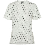 T-shirt bianca a pois neri con maniche corte e girocollo