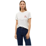 T-shirt bianca girocollo con stampa scarpe rosse glitter sul petto