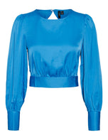 Top corto azzurro con maniche a sbuffo e scollo rotondo