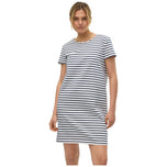 Vestito corto a righe bianco e blu, maniche corte e scollo rotondo