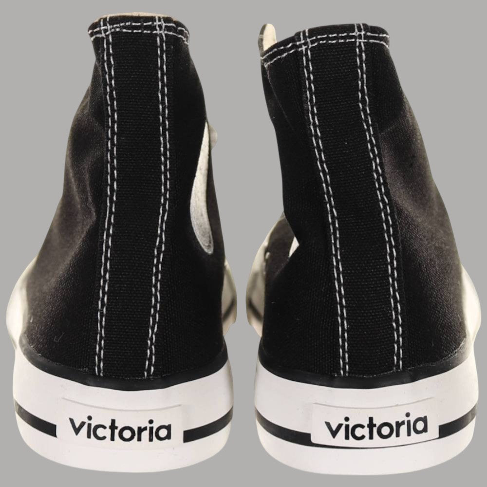 Scarpe alte donna nere Tribu Victoria in cotone, cuciture bianche e suola in gomma