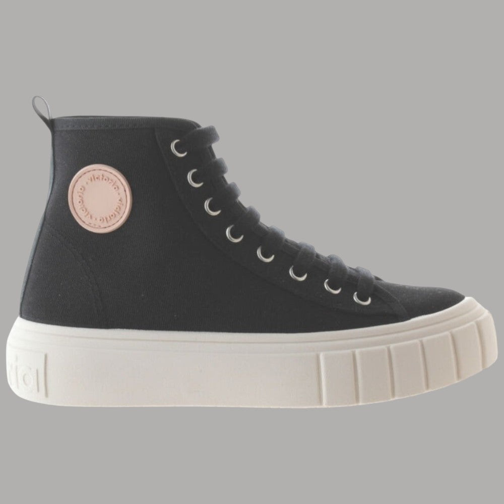 Scarpe alte in tela nere da donna con lacci e suola bianca rigata