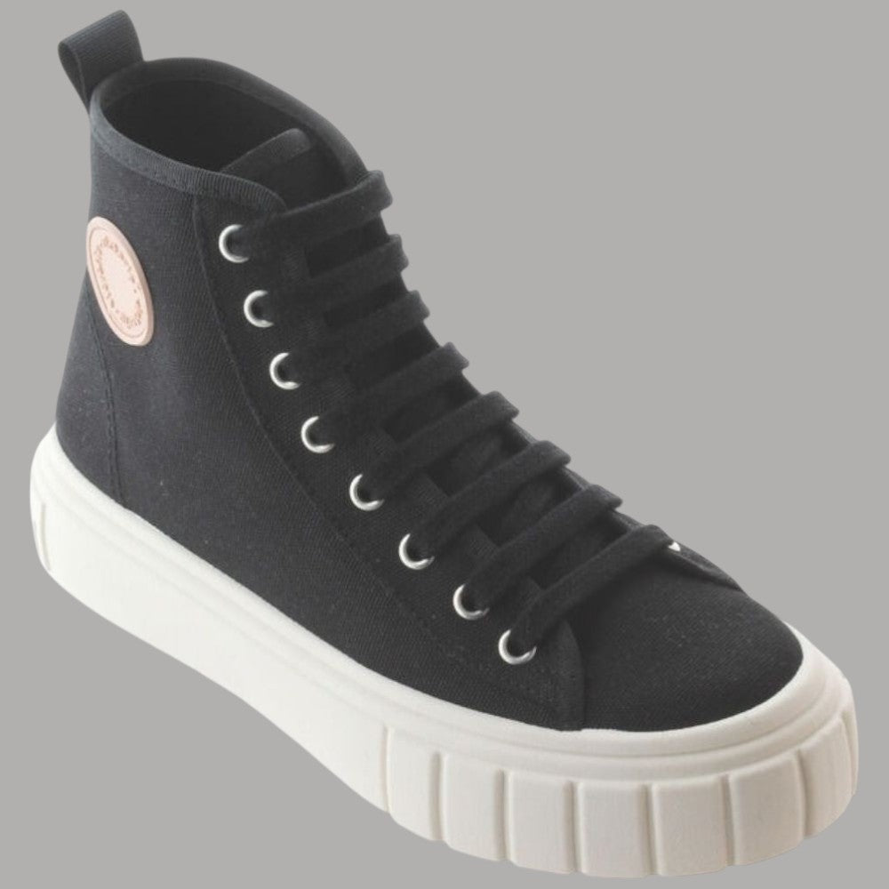 Stivaletto donna nero in tela di cotone bio con lacci e suola alta 3 cm Abril