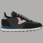 Sneakers da donna in nylon nere con inserti rosa e blu, suola nera scanalata