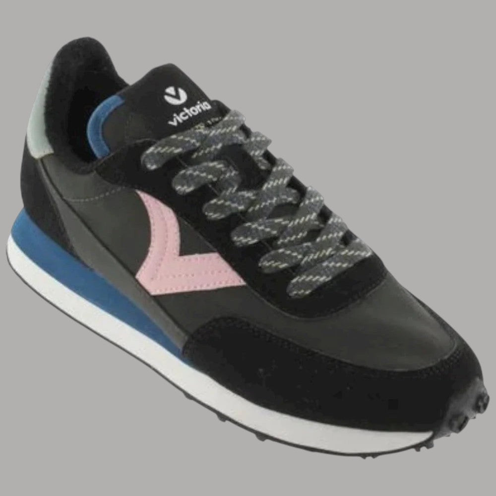 Sneaker da donna Victoria nere in nylon, lacci, inserti rosa e blu, suola antiscivolo nera