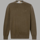 Maglione girocollo oliva a maniche lunghe, logo sul petto, capo in maglia.