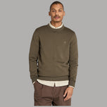 Maglione girocollo oliva con bordo a costine e logo sul petto.