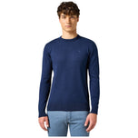 Maglioncino Wrangler blu a girocollo, maniche lunghe e bordi a costine.