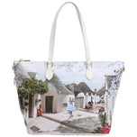 Shopper XL bianca con stampa trulli, chiusura zip e manici lunghi dorati