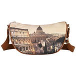 Borsa a spalla cuoio con stampa panorama e tracolla marrone, chiusura lampo