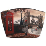 Borsa cosmetici media marrone con zip e stampa Londra con telefono rosso