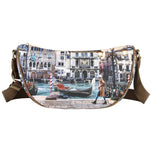 Borsa a spalla con stampa città multicolore e tracolla marrone scuro