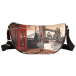 Borsa a spalla YNot con stampa LONDON BRIDGE, tracolla nera e zip superiore.