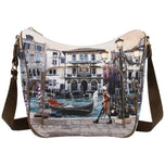 Borsa a tracolla beige con stampa veneziana e tracolla marrone