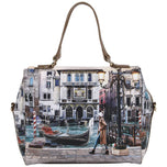 Borsa boston stampa città e canali, manici marroni, zip superiore