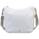 Borsa hobo in pelle bianco latte con tracolla e chiusura magnetica, logo frontale.
