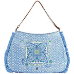 Borsa hobo mare grande azzurra con motivo, logo frontale e manici in pelle marrone