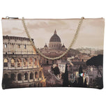 Clutch piatta cuoio con stampa Roma, tracolla a catena dorata e zip superiore