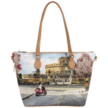 Borsa shopping beige con stampa paesaggio Roma e manici in pelle marrone