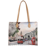 Borsa shopping beige con stampa Londra e manici in ecopelle, chiusura con cerniera