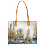 Borsa shopper quadrata beige con stampa città e manici marroni