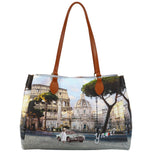 Borsa tote YNot con stampa città e manici in pelle cuoio