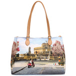 Borsa tote con manici beige in pelle e stampa panoramica frontale