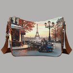 Borsa tracolla marrone con stampa Parigi e tracolla regolabile, chiusura con zip.