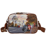 Borsa tracolla marrone con zip e stampa Londra, tracolla regolabile, tasca centrale
