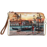 Clutch con tracolla in cuoio a catena, zip e stampa Venezia Sunset