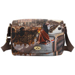 Borsa tracolla marrone con patta, fibbia dorata e stampa città, tracolla regolabile