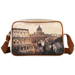 Borsa per fotocamera con stampa, tracolla cuoio e chiusura con zip