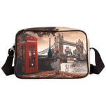 Borsa media per fotocamera marrone con stampa Londra, tracolla e zip laterale